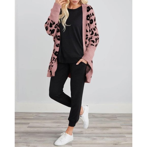 Womens Long Sleeve Open Front Fall Fashion Loose Knit Printed Winter Coats - Picture 3 of 4